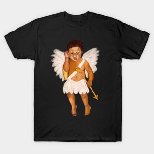 Cupid often wondered whether.... baby angel holding an arrow - In a contemplative pose with curly Afro Hair and gold arrow T-Shirt